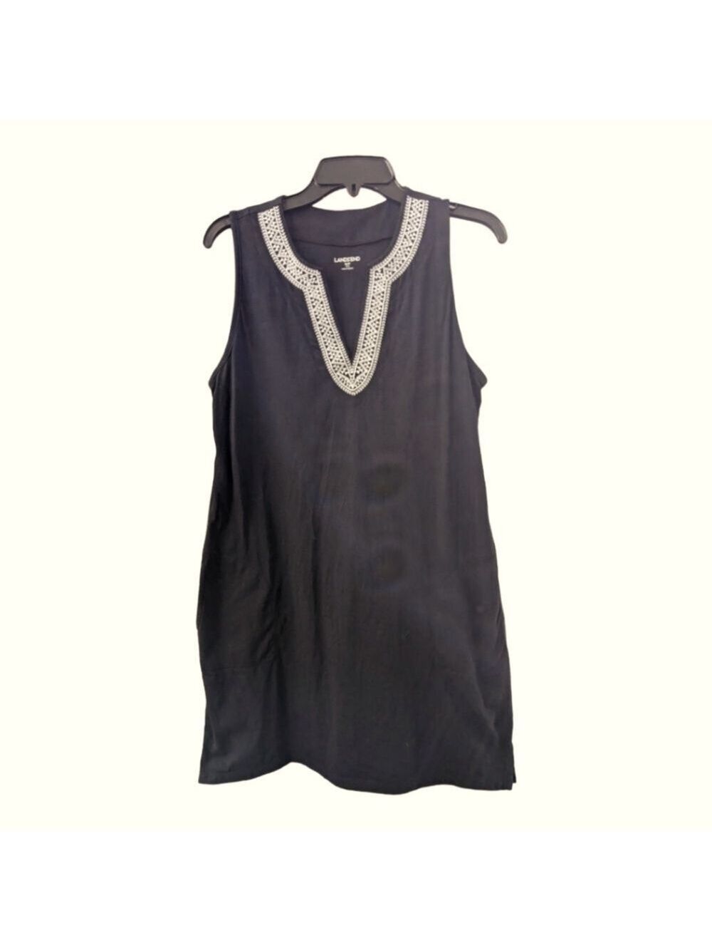 Land's End Black 100%cotton Dress/Coverup with White Embroidered Neckline,M/P